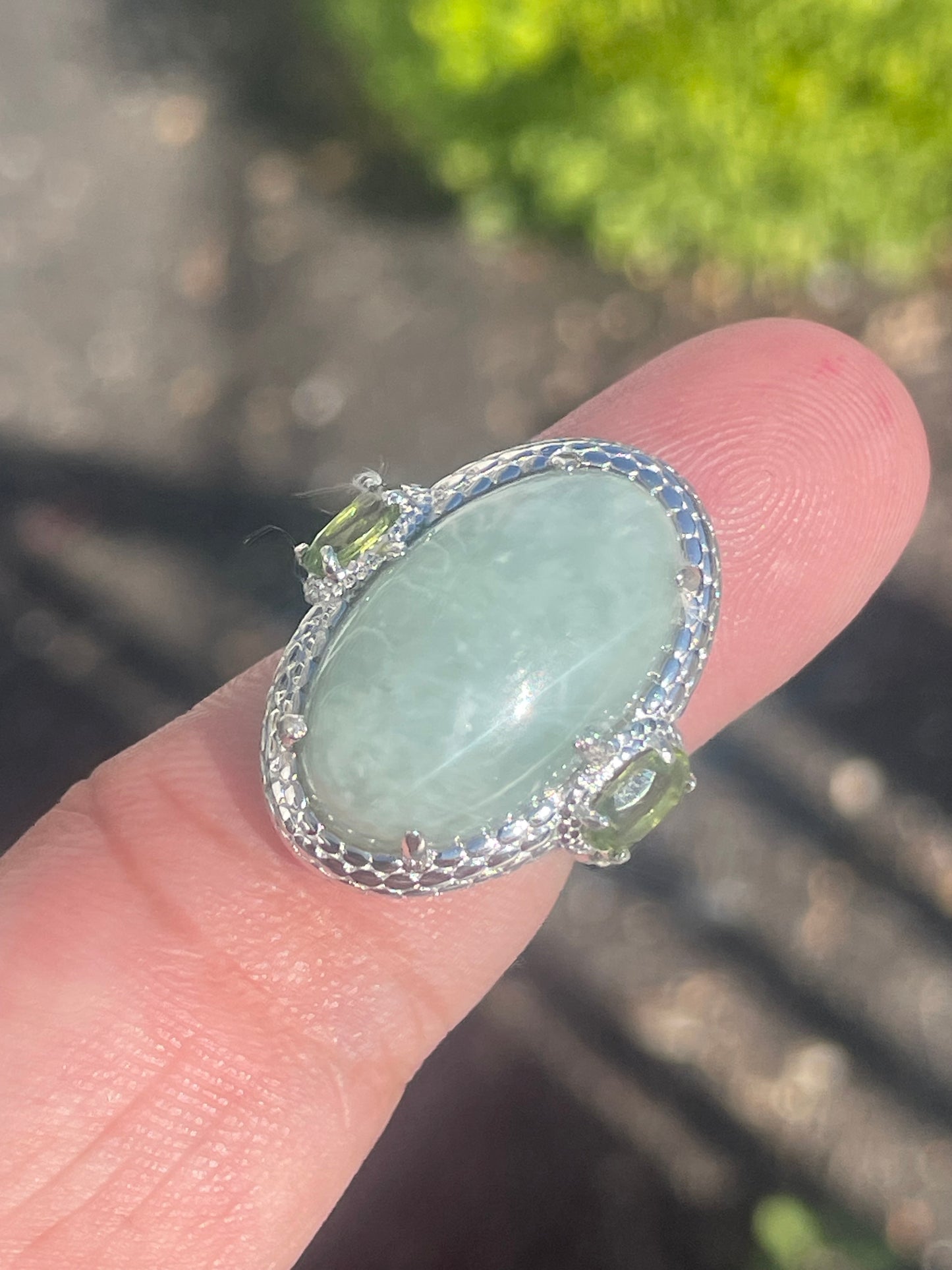 925 Sterling Silver Natural Jade & Peridot Statement Ring Size 6