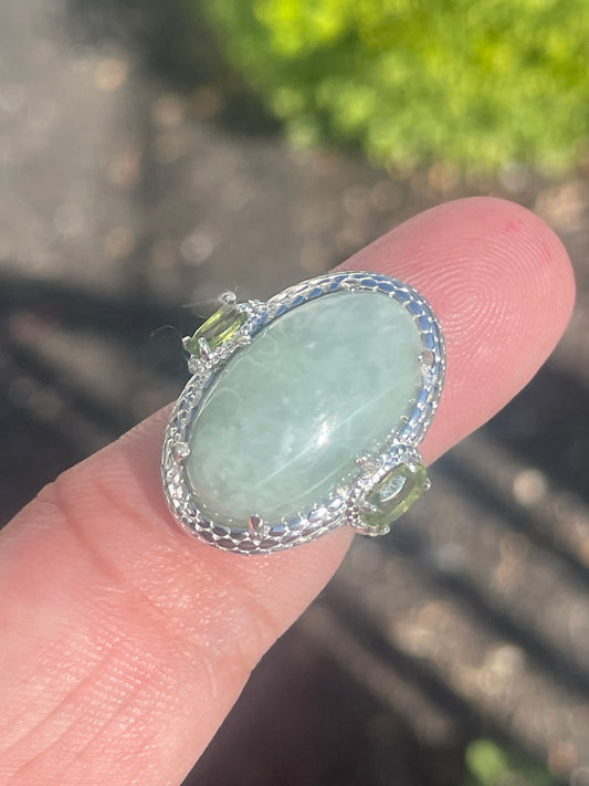 925 Sterling Silver Natural Jade & Peridot Statement Ring Size 6