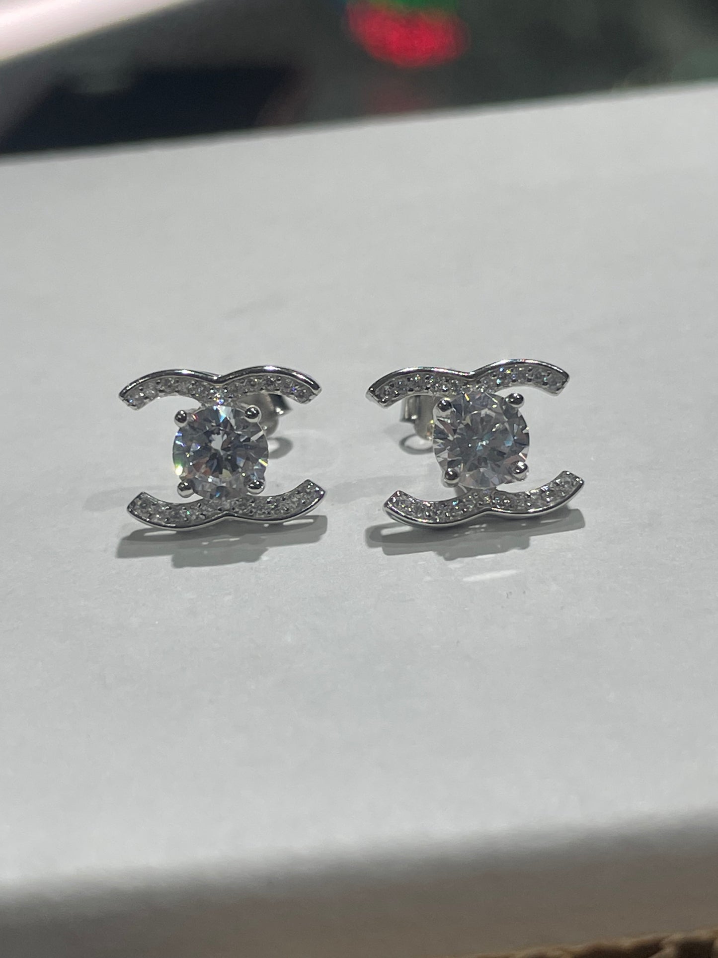 925 Sterling Silver Sparkling Petite Chanel Logo CC Stud Earrings