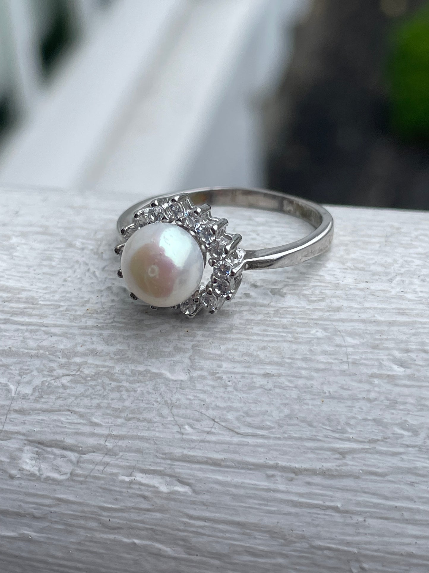 925 Sterling Silver Pearl & Cz Heart Shape Cluster Ring Size 9.5