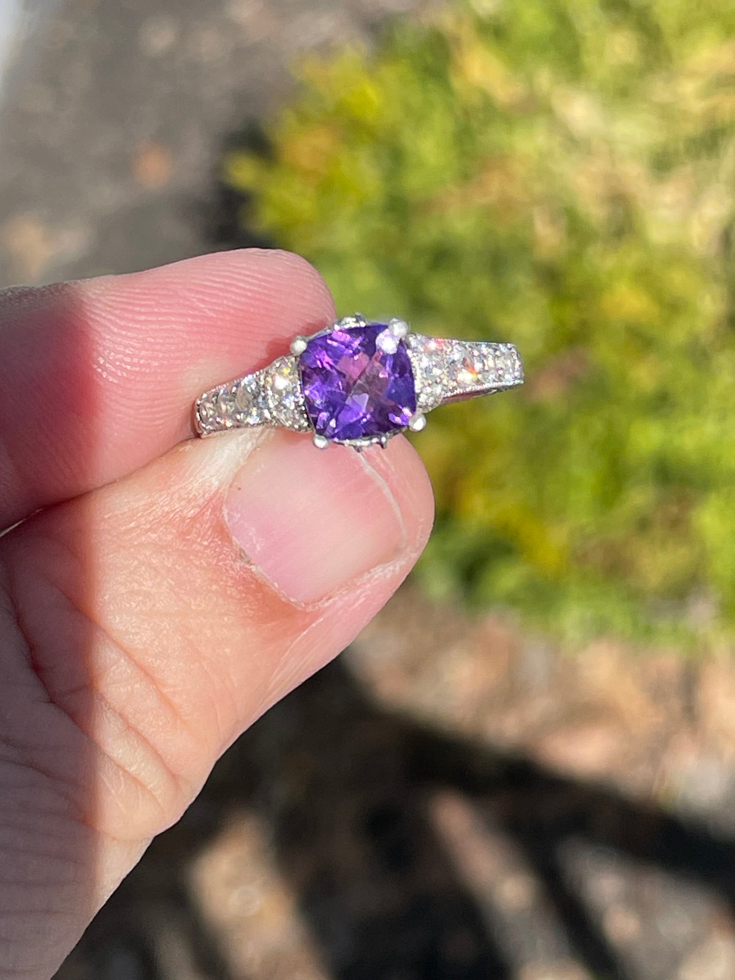 Designer Tacori 925 Sterling Silver Amethyst & Cz Fancy Etched Setting Ring Size 7.5