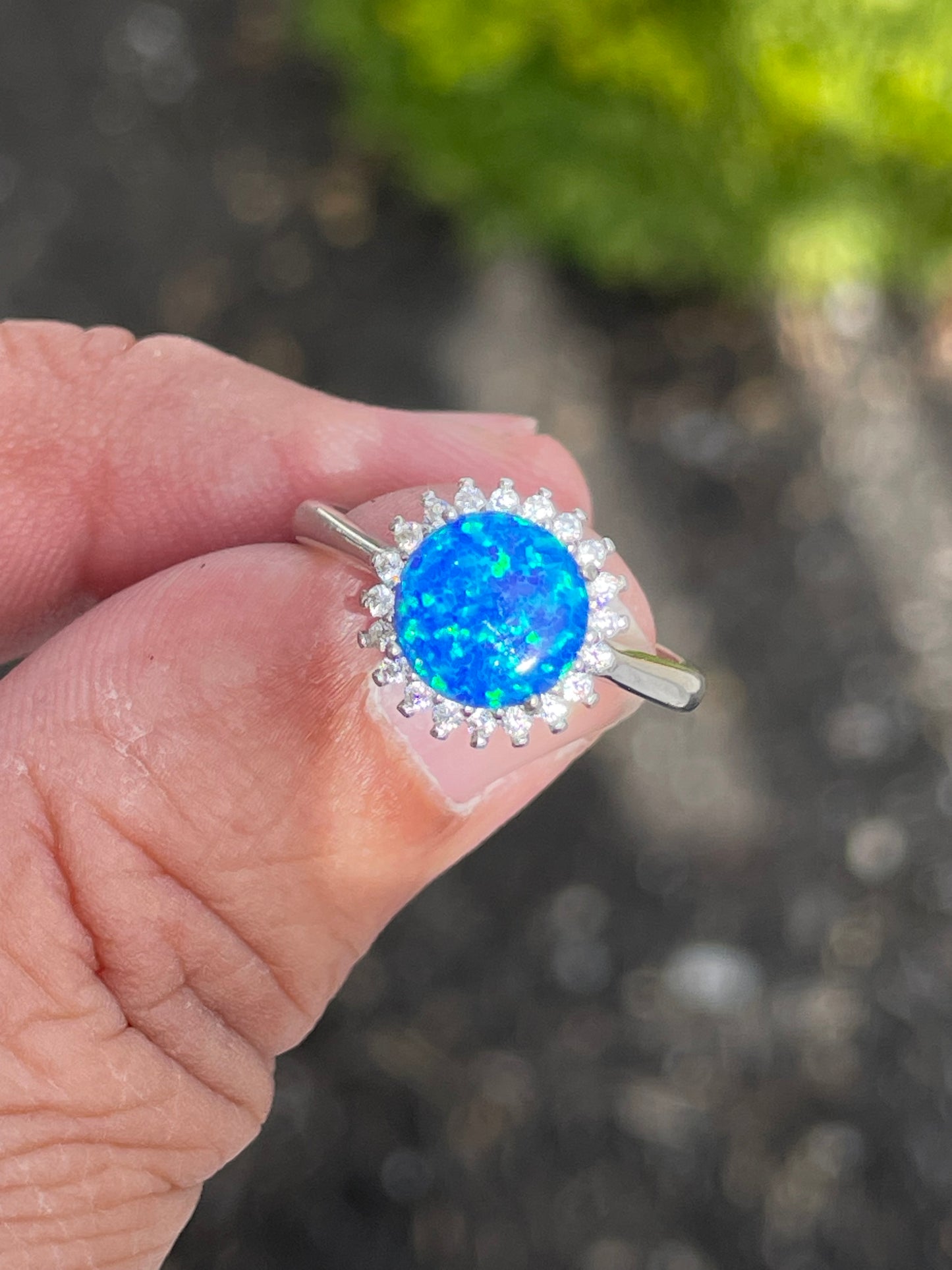 925 Sterling Silver Blue Opal & Cz Solitaire Ring Size 7