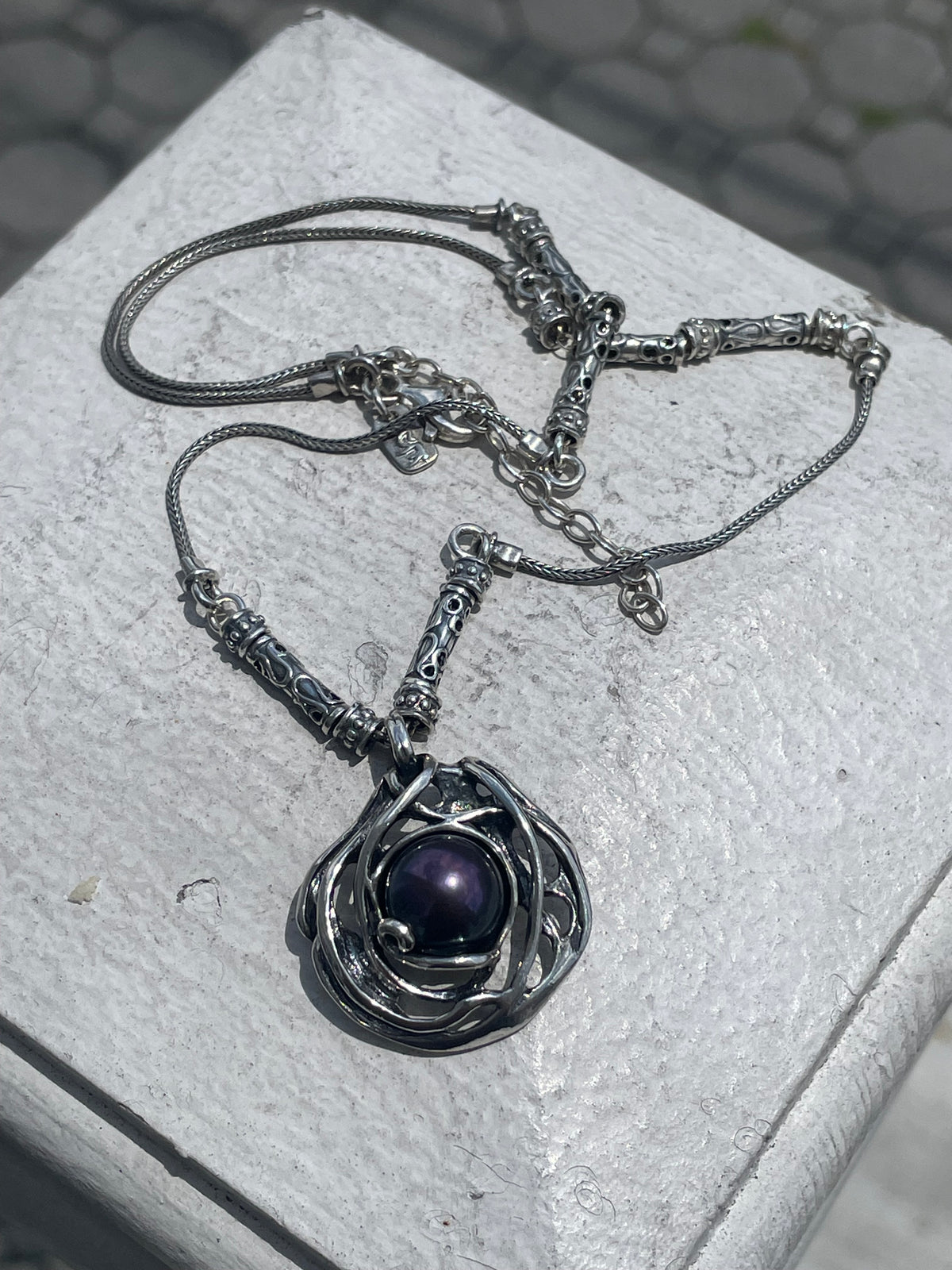 925 Sterling Silver Designer PAZ Made in Israel Black Pearl Amulet Necklace