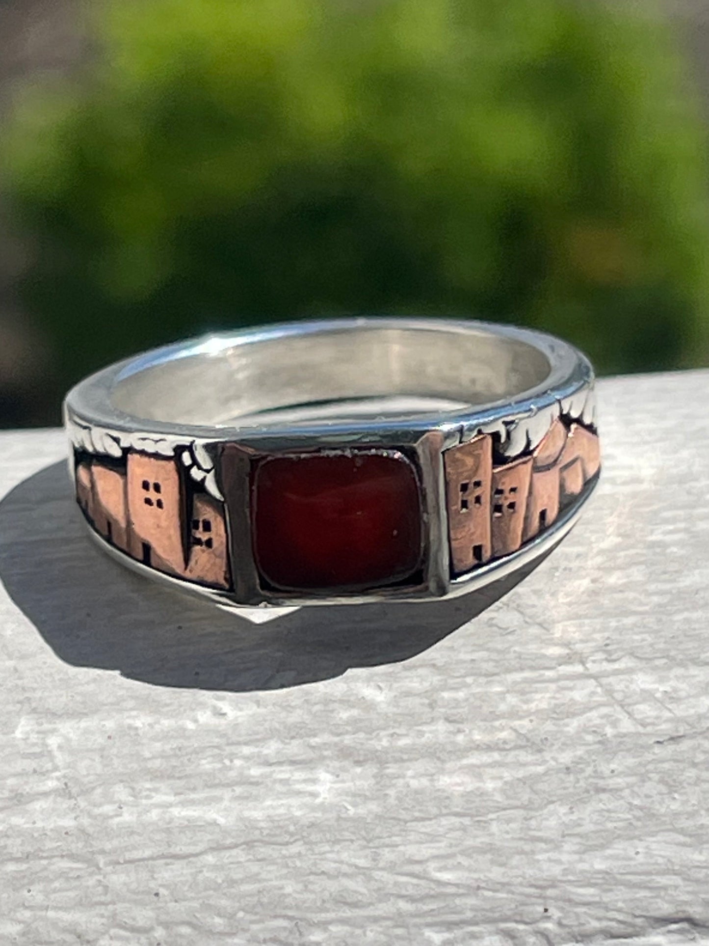 Designer WJ Waldeck Johnson 925 Sterling Silver & Copper Peru Village Carnelian Stone Ring Size 9