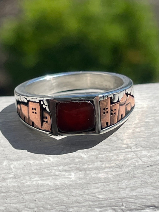 Designer WJ Waldeck Johnson 925 Sterling Silver & Copper Peru Village Carnelian Stone Ring Size 9