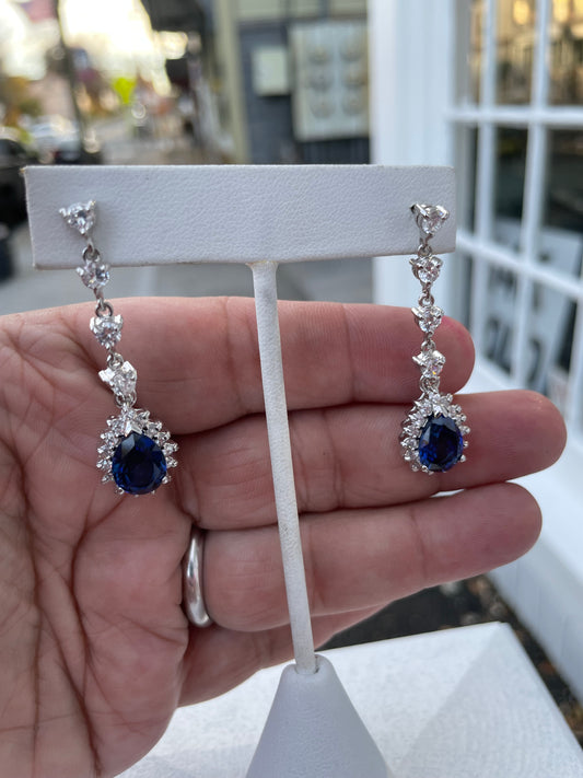 925 Sterling Silver Simulated Sapphire & Cz Chandelier Earrings