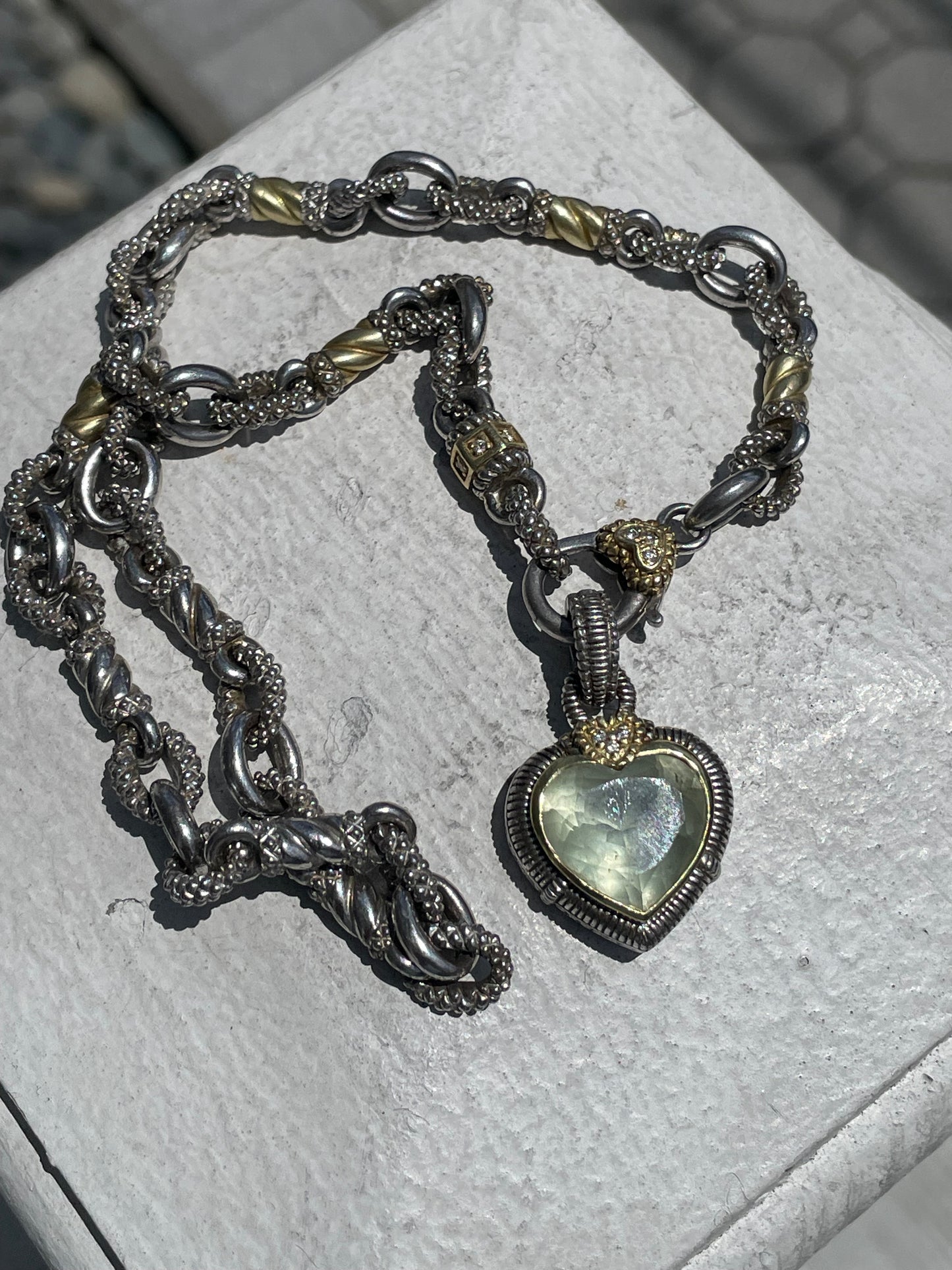 Judith Ripka 925 Sterling Silver & 18k Gold Necklace with Green Praisolite Heart Enhancer Pendant