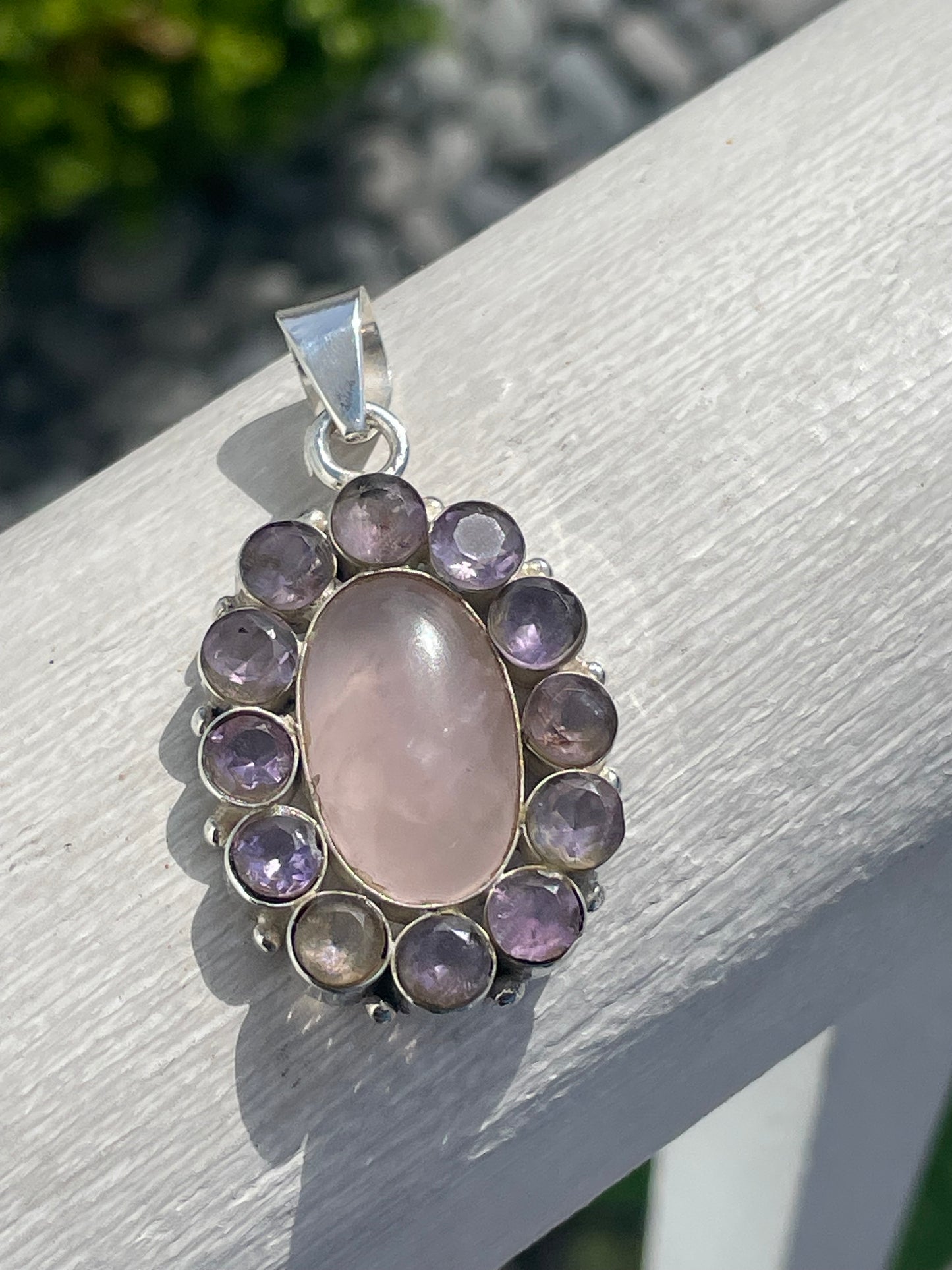 925 Sterling Silver Rose Quartz & Amethyst Natural Stone Pendant