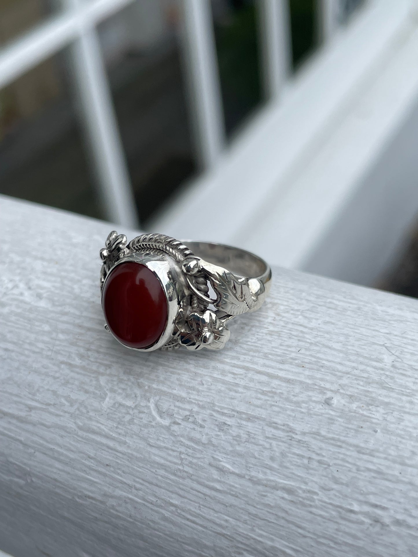 925 Sterling Silver Carnelian Solitaire Ring Nature Filigree Setting Size 7.5