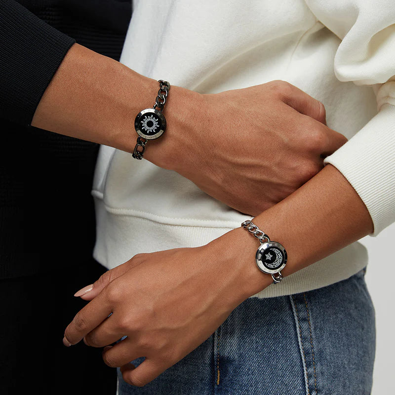 Sun & Moon Touch Bracelets with Figaro Chain (Black+Silver)