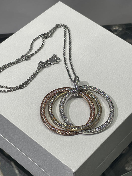 925 Sterling Silver Tri Color Triple Circle of Life Cz Necklace