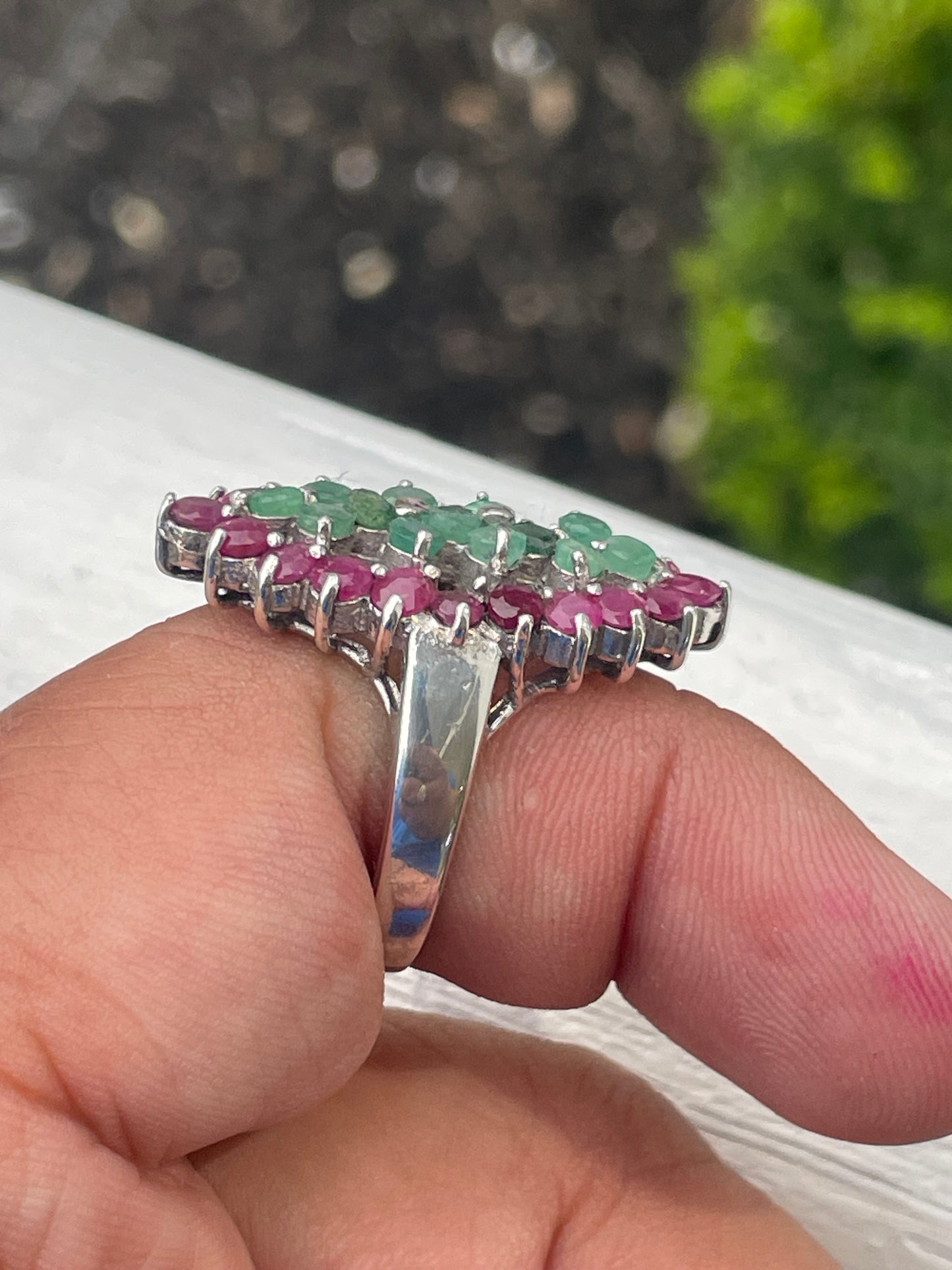 925 Sterling Silver Natural Ruby & Emerald Cluster Ring