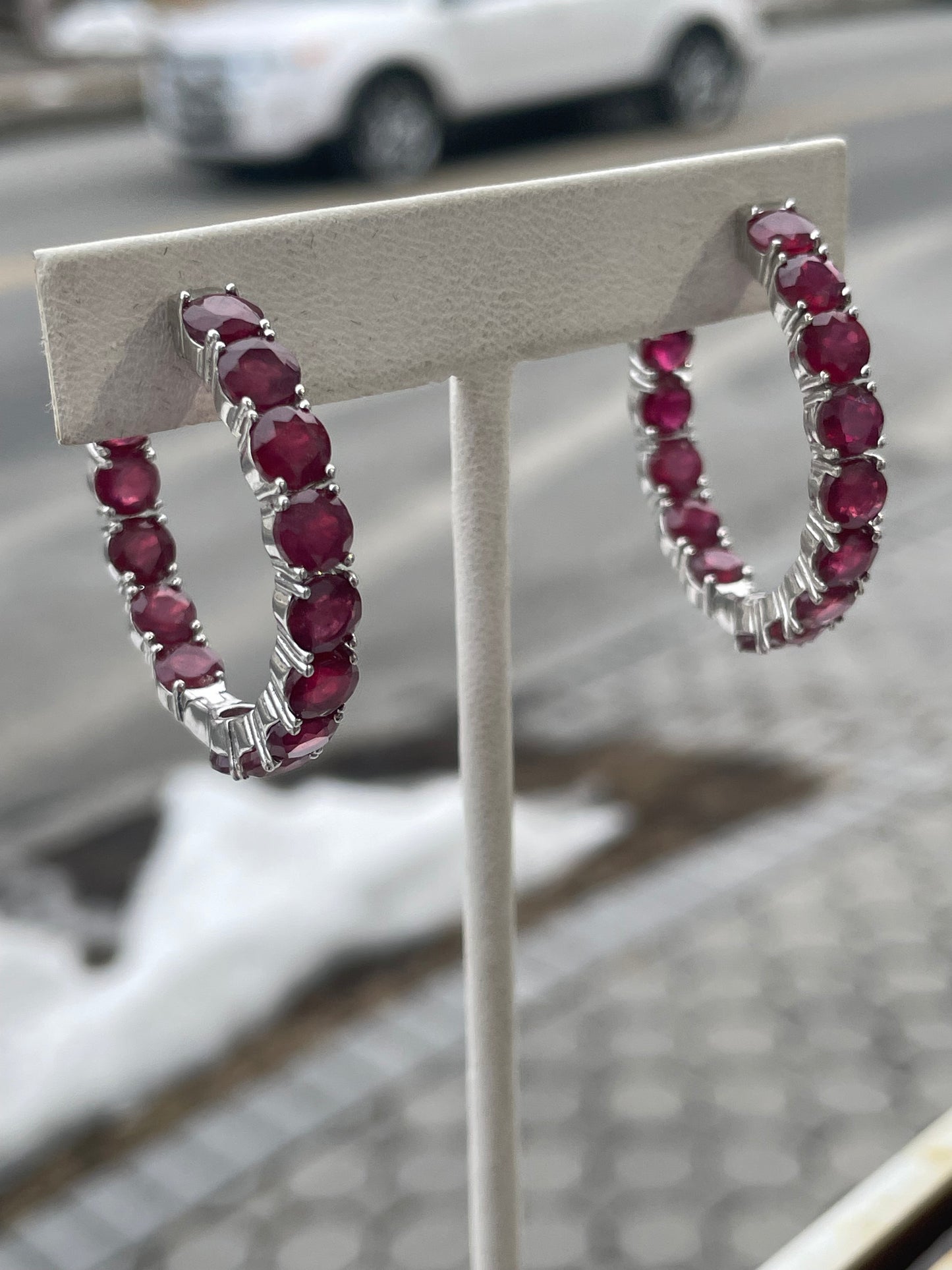925 Sterling Silver Lab Created Ruby 35mm Stone Hoop Earrings