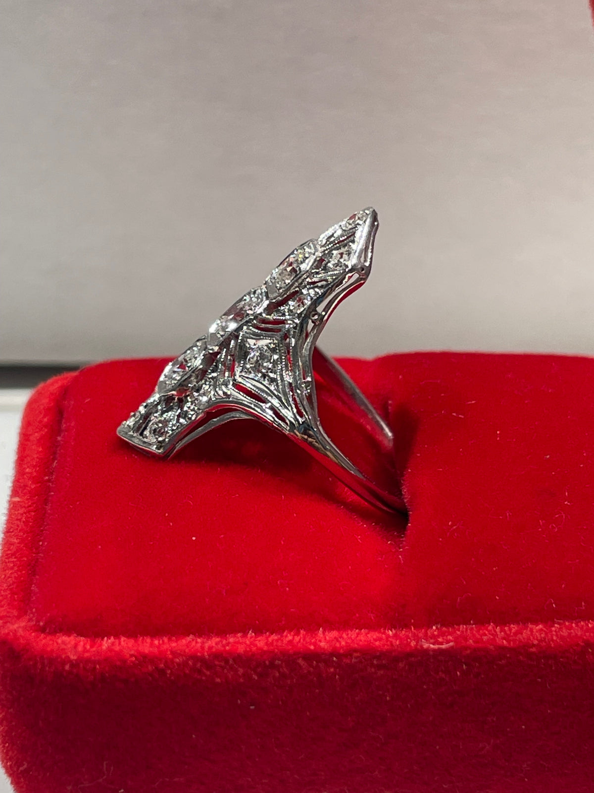 Antique Platinum Art Deco Past Present Future Ring Size 7.5