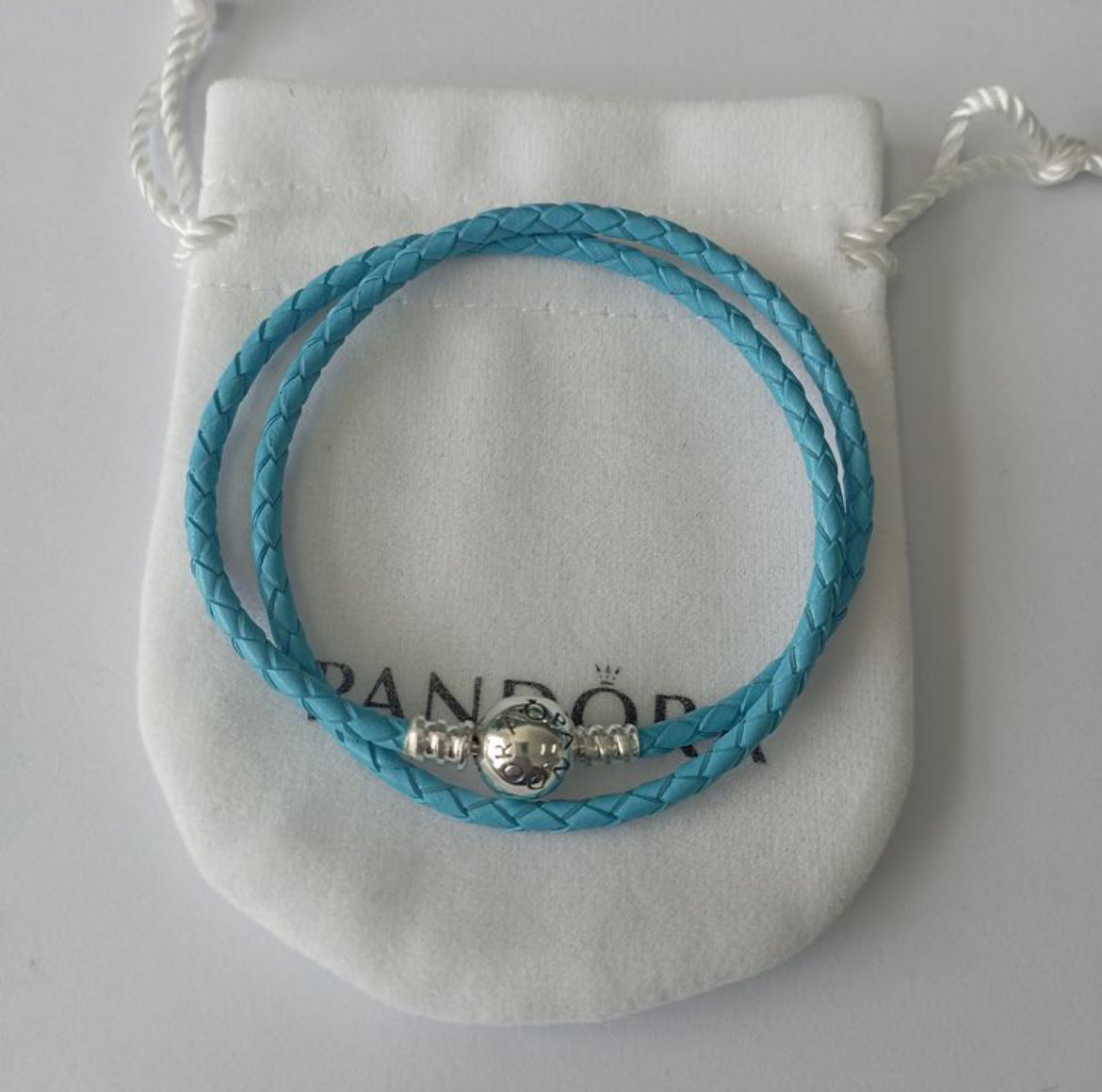Pandora Double Leather Turquoise Color Bracelet 7.1”