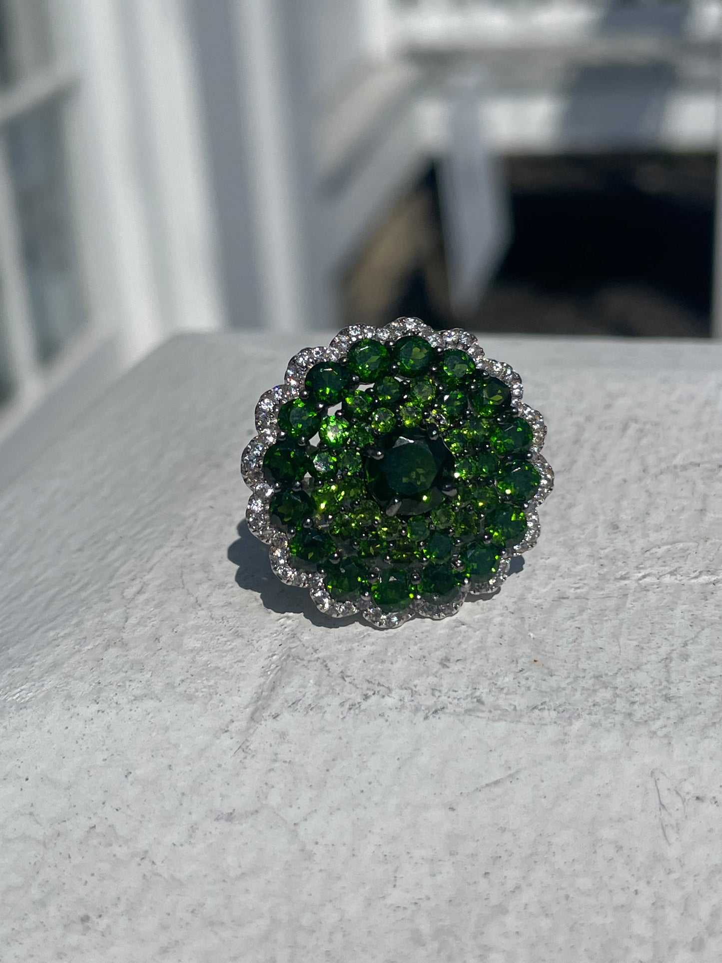 925 Sterling Silver Chrome Diopside & Cz Cluster Ring Size 6