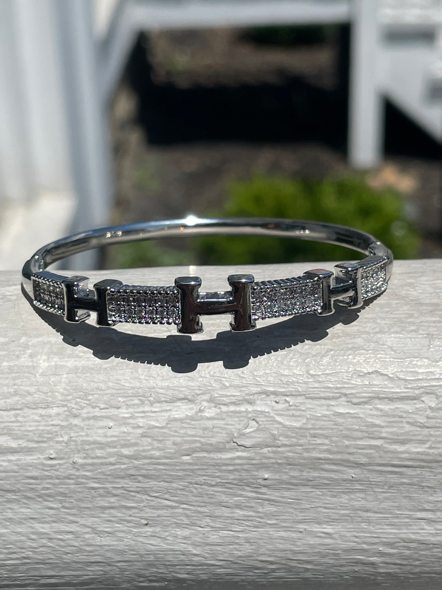 Stainless Steel Hermes Style H Logo Sparkling Cz Bangle Bracelet 7”