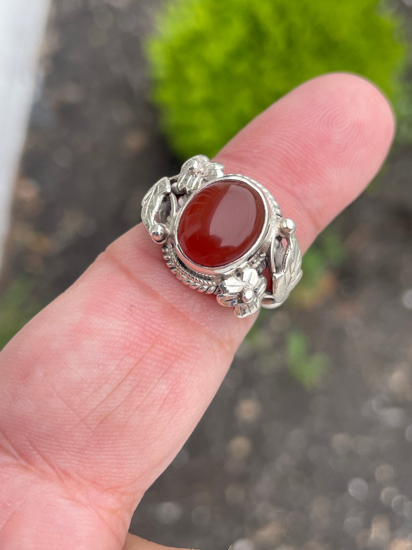 925 Sterling Silver Carnelian Solitaire Ring Nature Filigree Setting Size 7.5