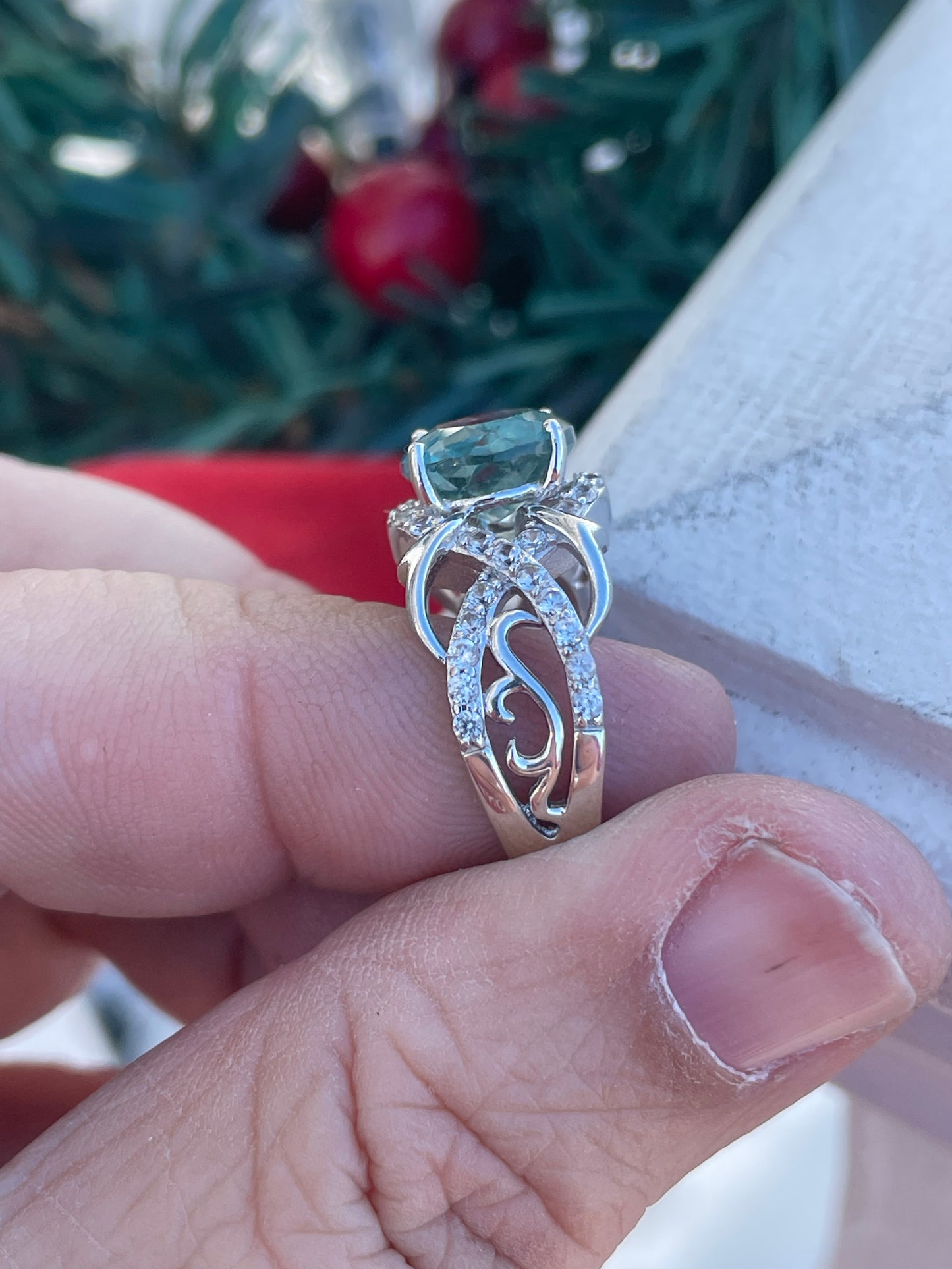 925 Sterling Silver Simulated Green Amethyst & Cz Statement Ring Size 6.5