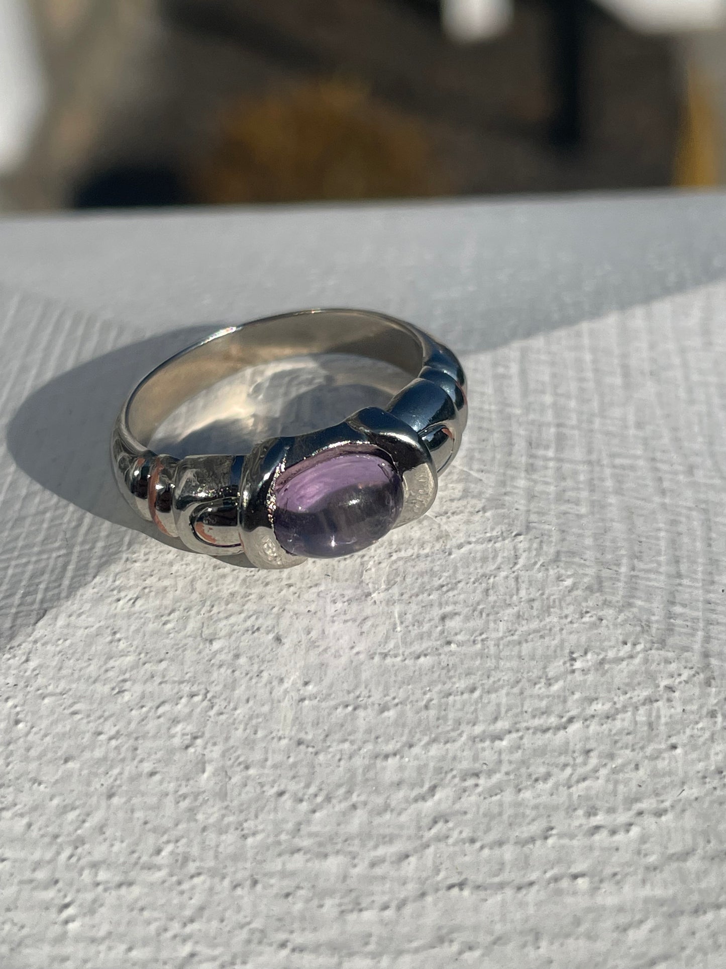 925 Sterling Silver Cabochon Amethyst Solitaire Ring Size 8.75