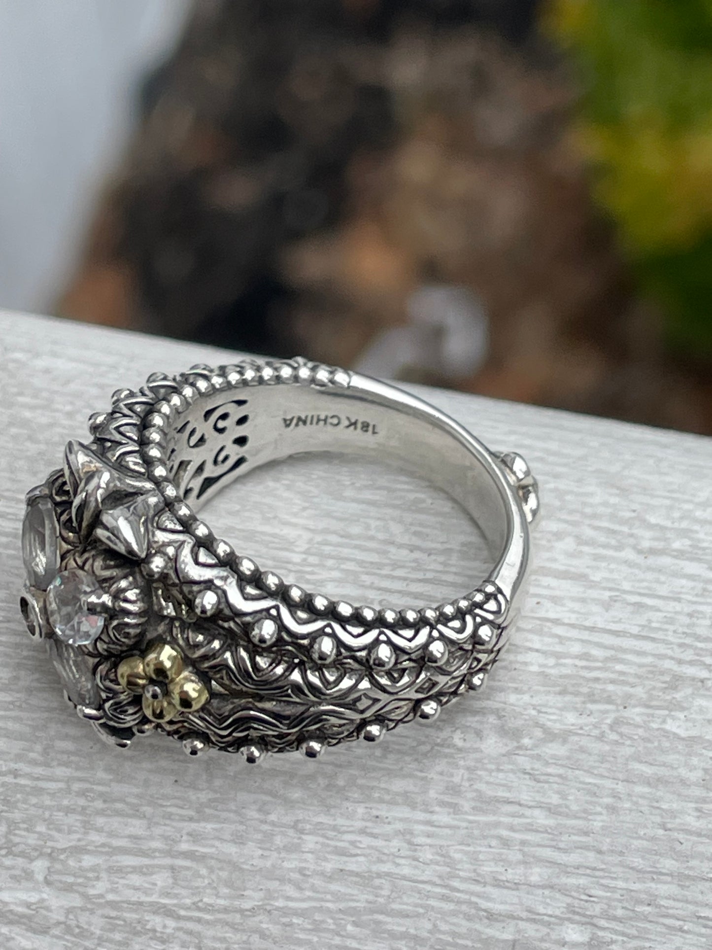 Designer Barbara Bixby Silver & 18k Gold White Topaz Clover Ring Size 9