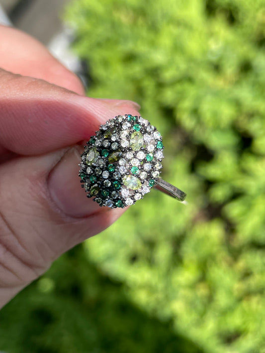 925 Sterling Silver Multi-Color Peridot, Emerald, and Cz Cluster Ring