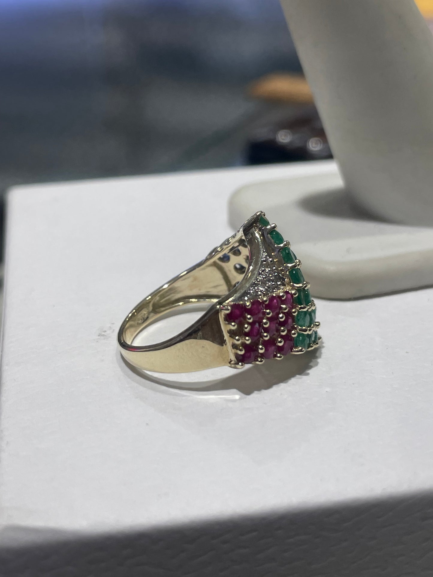 925 Sterling Silver Vermeil Natural Ruby Emerald Sapphire and Diamond Cluster Ring Size 6.5
