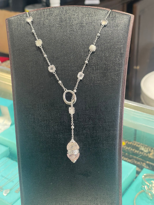 925 Sterling Silver Rose Quartz & White Agate Lariat Necklace