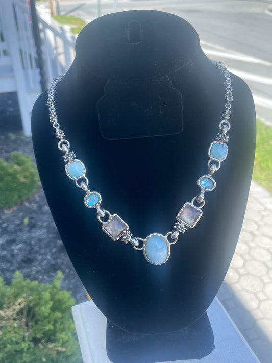 Designer Michael Dawkins Aquamarine, Mother of Pearl, Turquoise, and Larimar Statement Necklace