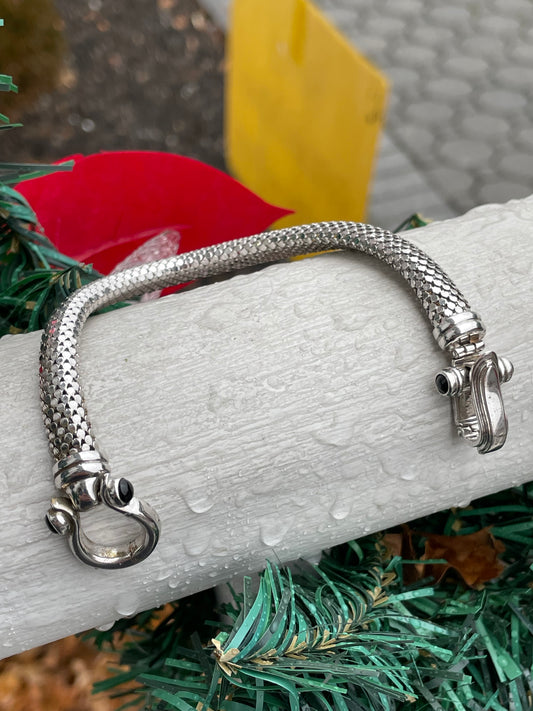 925 Sterling Silver Flexible Thick Snake Bracelet w/ Black Onyx 7.5”