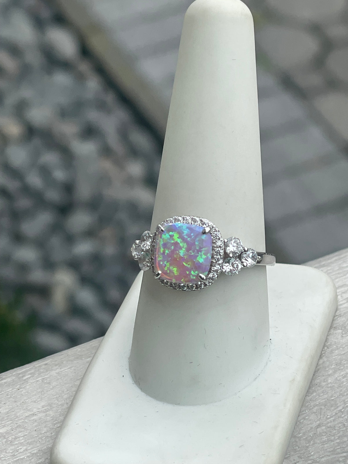 925 Sterling Silver Opal & Cz Cluster Ring Size 9