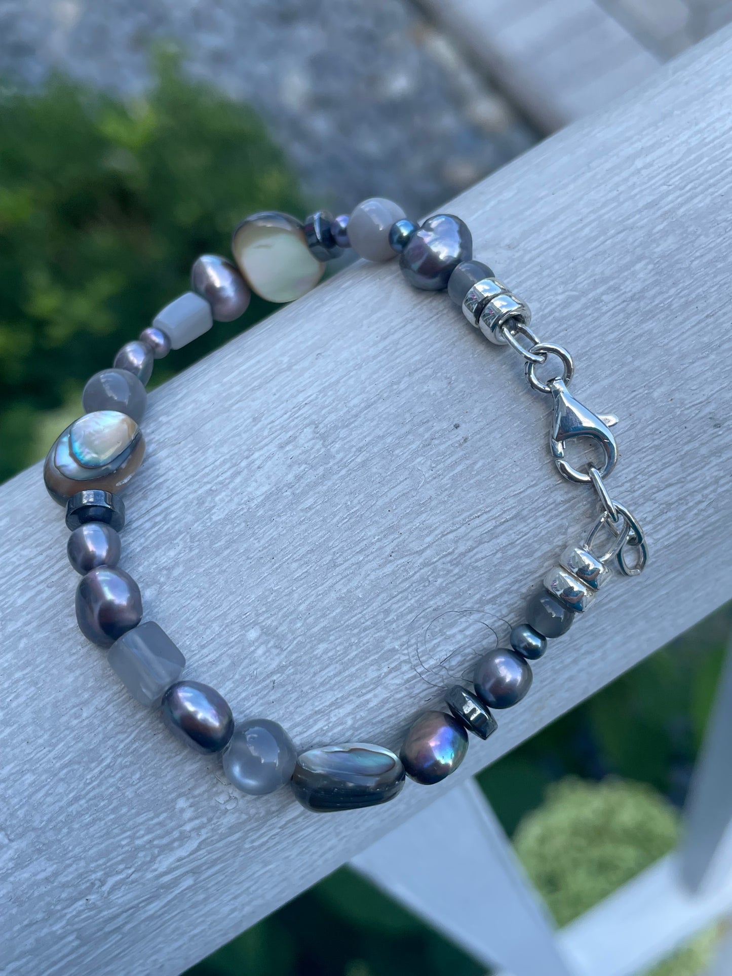 925 Sterling Silver Natural Abalone, Mother of Pearl, Gray Moonstone & Hematite Stone Bracelet