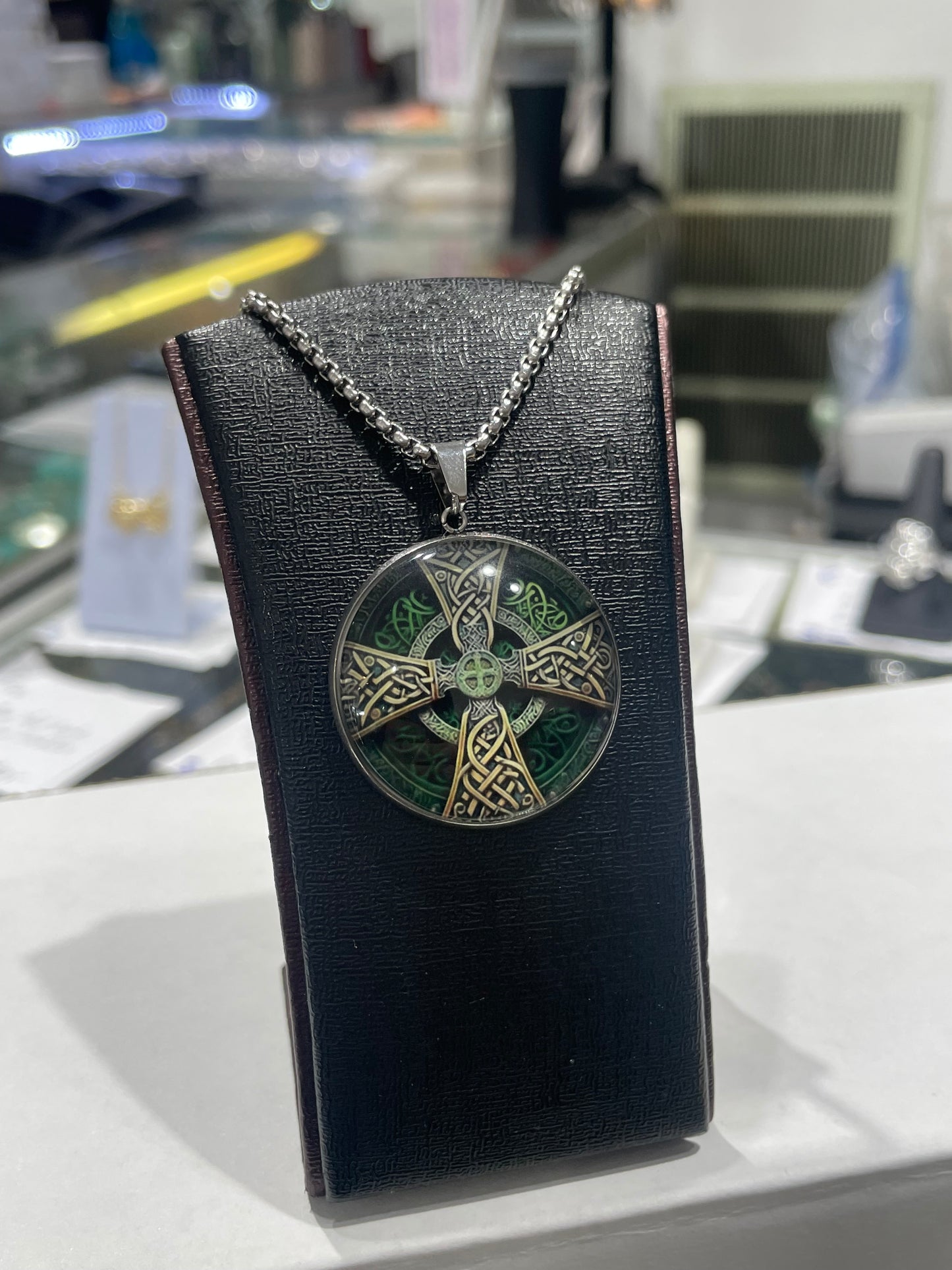 Stainless Steel Irish Cross Amulet Disc Necklace