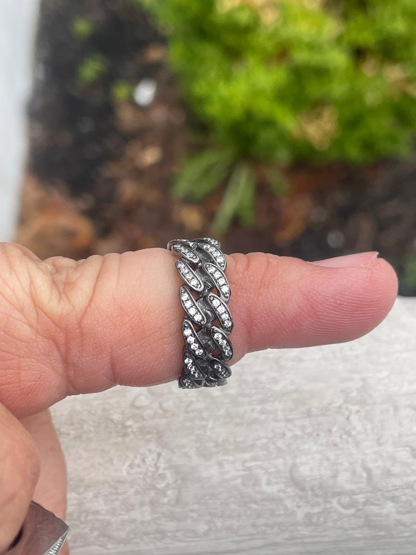 925 Sterling Silver Oxidized Cuban Link Eternity Band Ring with Czs Size 7
