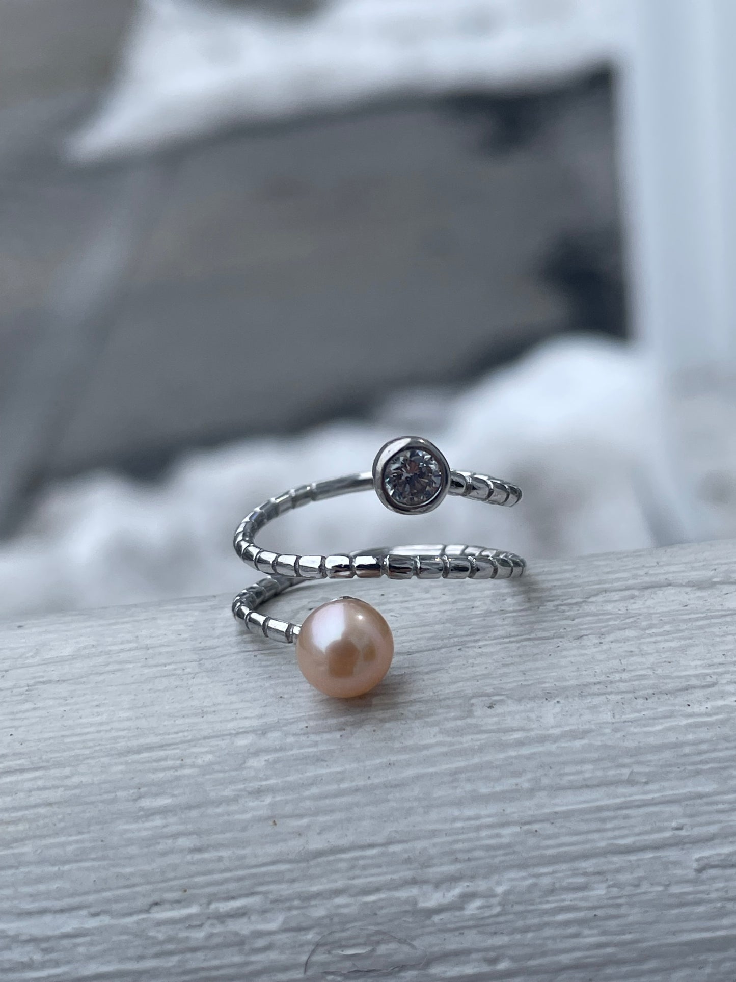Silver Wrap Around Snake Ring With Pearl & Cz