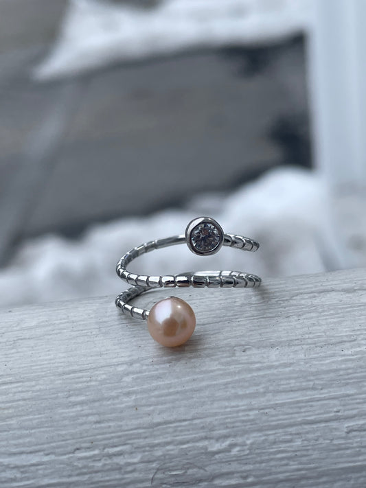 Silver Wrap Around Snake Ring With Pearl & Cz