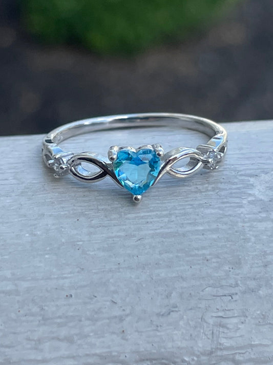 925 Sterling Silver Infinity Blue Topaz Heart Ring Size 9