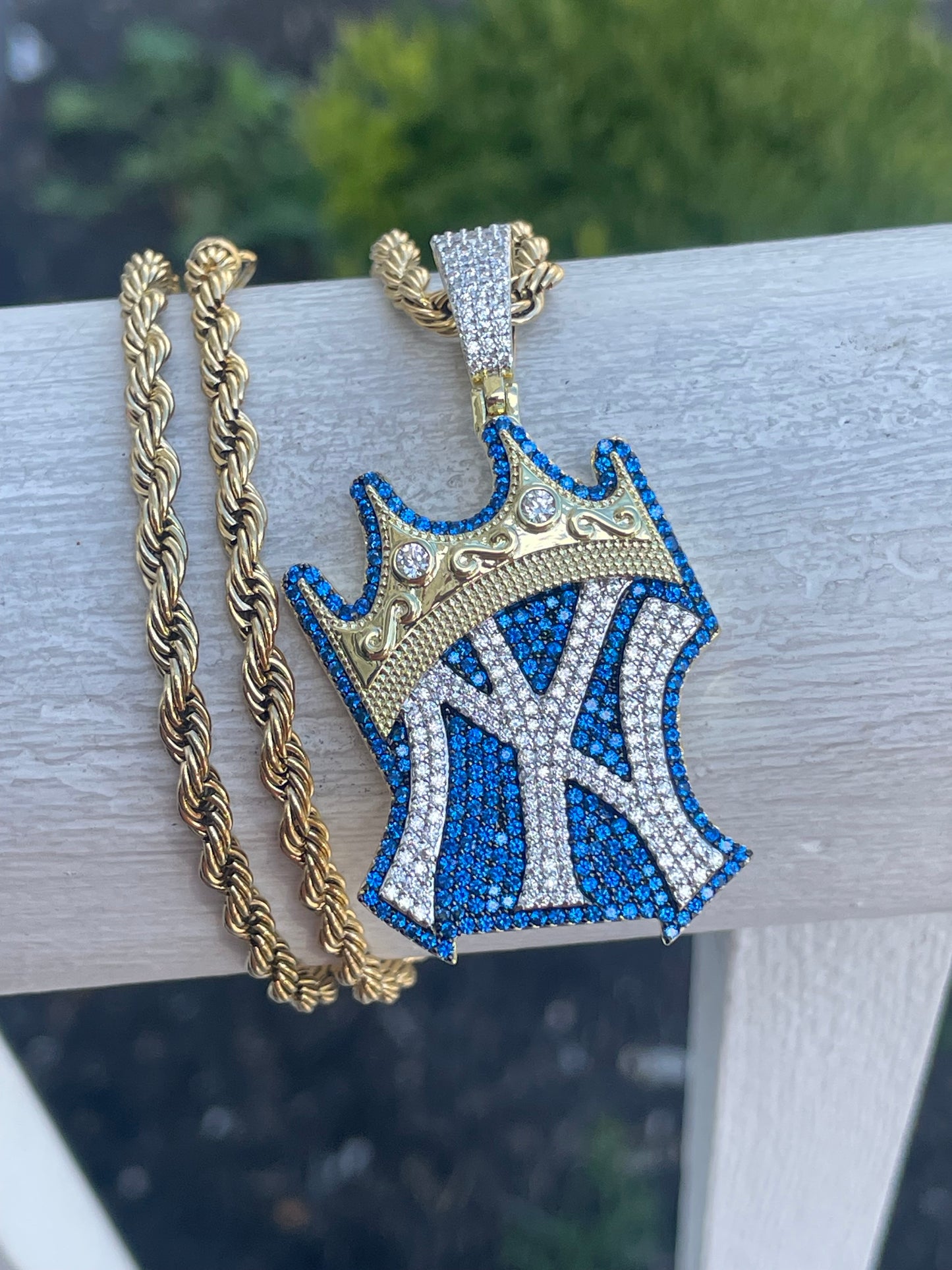 Stainless Steel & Yellow Brass King of New York Yankees Logo Sparkling Necklace