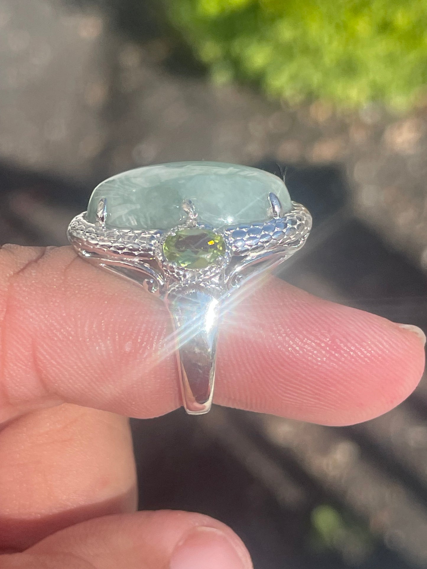 925 Sterling Silver Natural Jade & Peridot Statement Ring Size 6