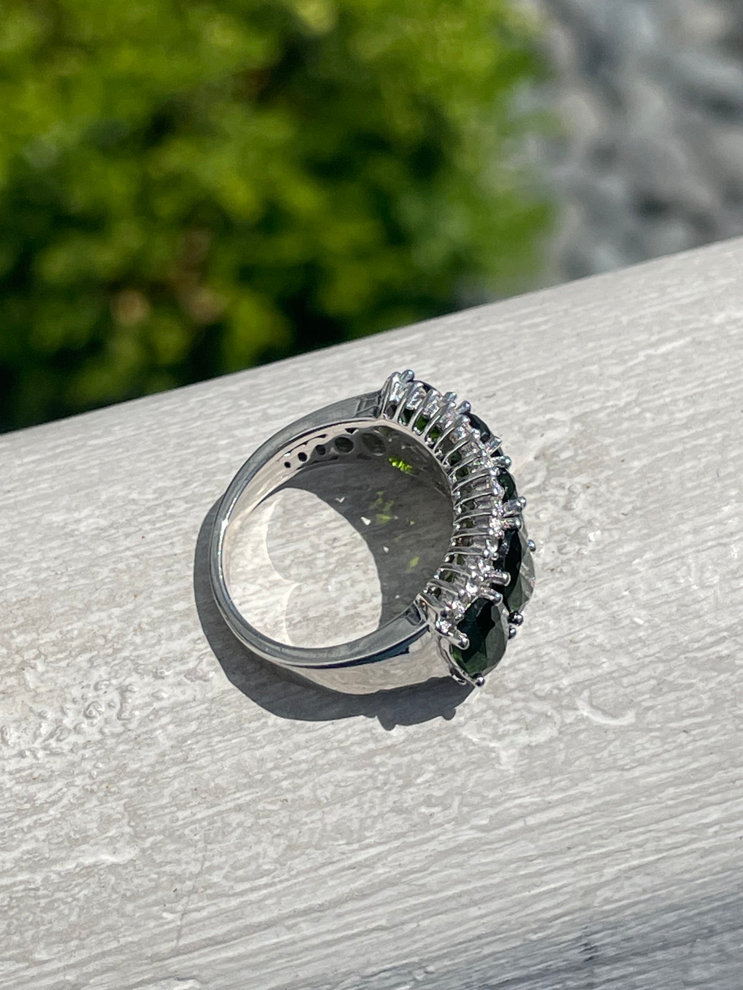 925 Sterling Silver Chrome Diopside & Cz Large Stone Band Ring Size 6