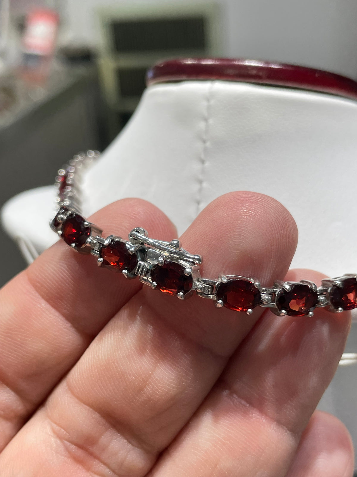 925 Sterling Silver Garnet Tennis Necklace 16”