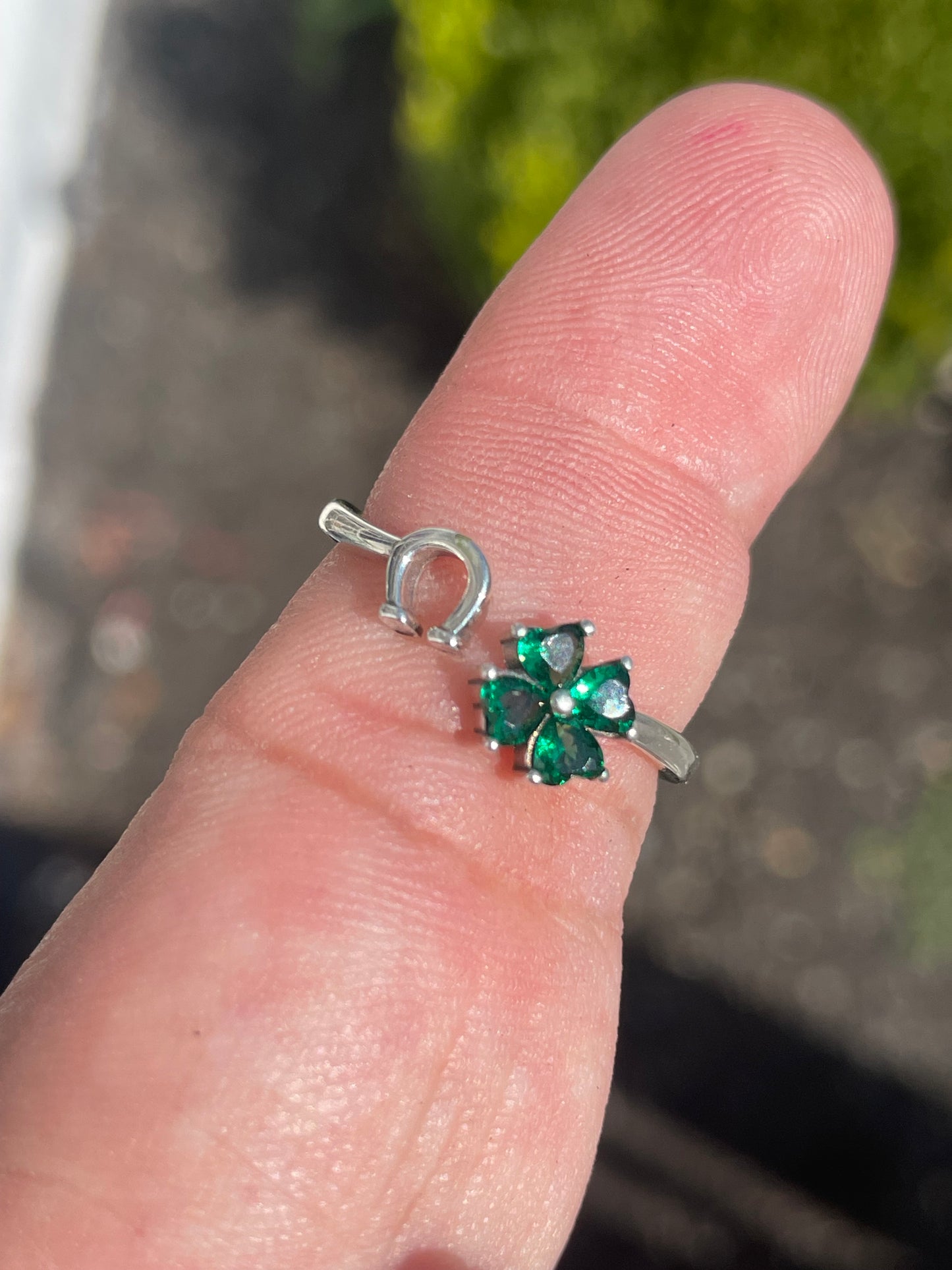 925 Sterling Silver Lucky Clover & Horseshoe Ring ~ Open Size