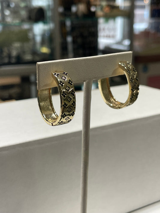Gold Plated Louis Vuitton Style Thick Oblong Hoop Earrings