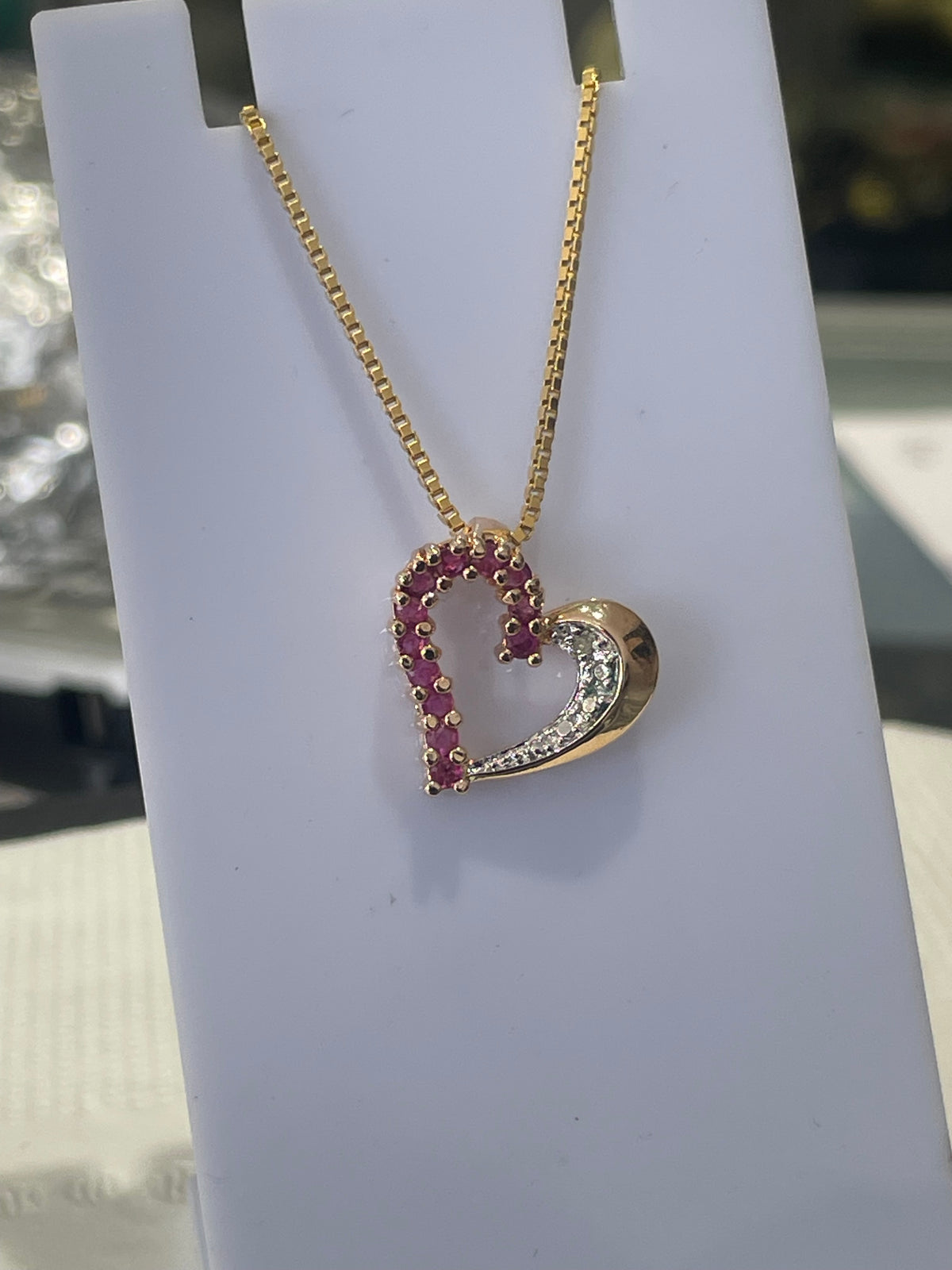 925 Sterling Silver Vermeil Natural Ruby & Diamond Heart Necklace