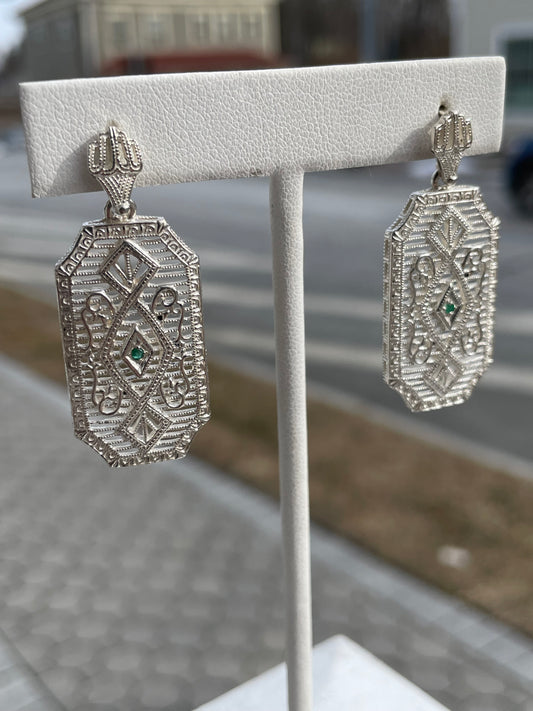 925 Sterling Silver Art Deco Lace Emerald Dangle Earrings