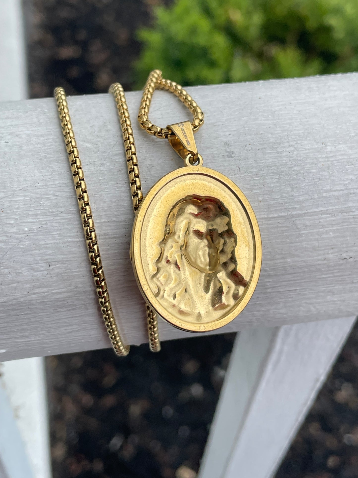 Stainless Steel Vermeil Oval Jesus Portrait Necklace 23”