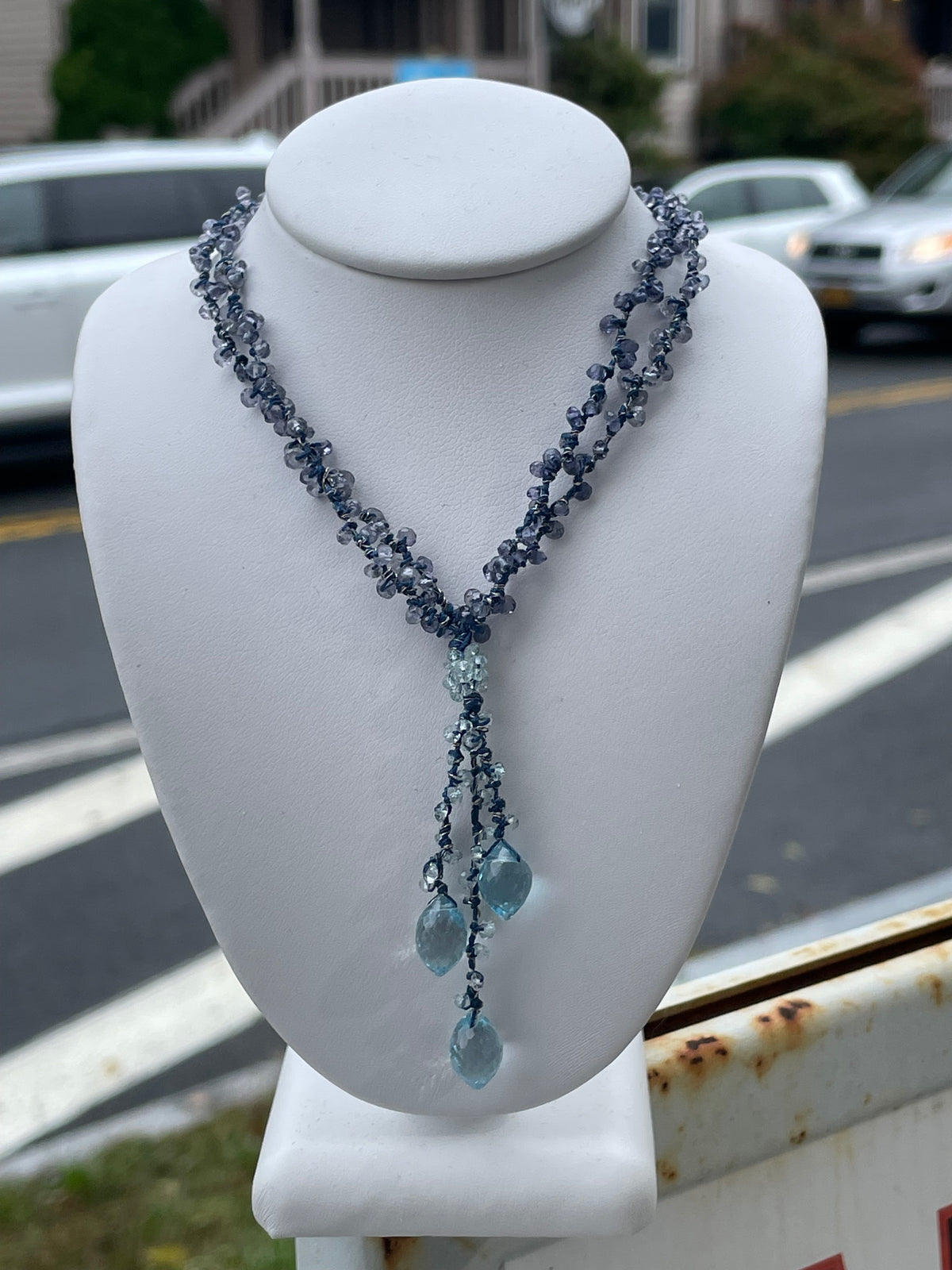 Blue Topaz & Tanzanite Beaded Drop Necklace 15”
