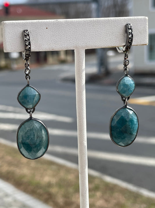 925 Oxidized Sterling Silver Raw Aquamarine Large Stone Dangle Earrings