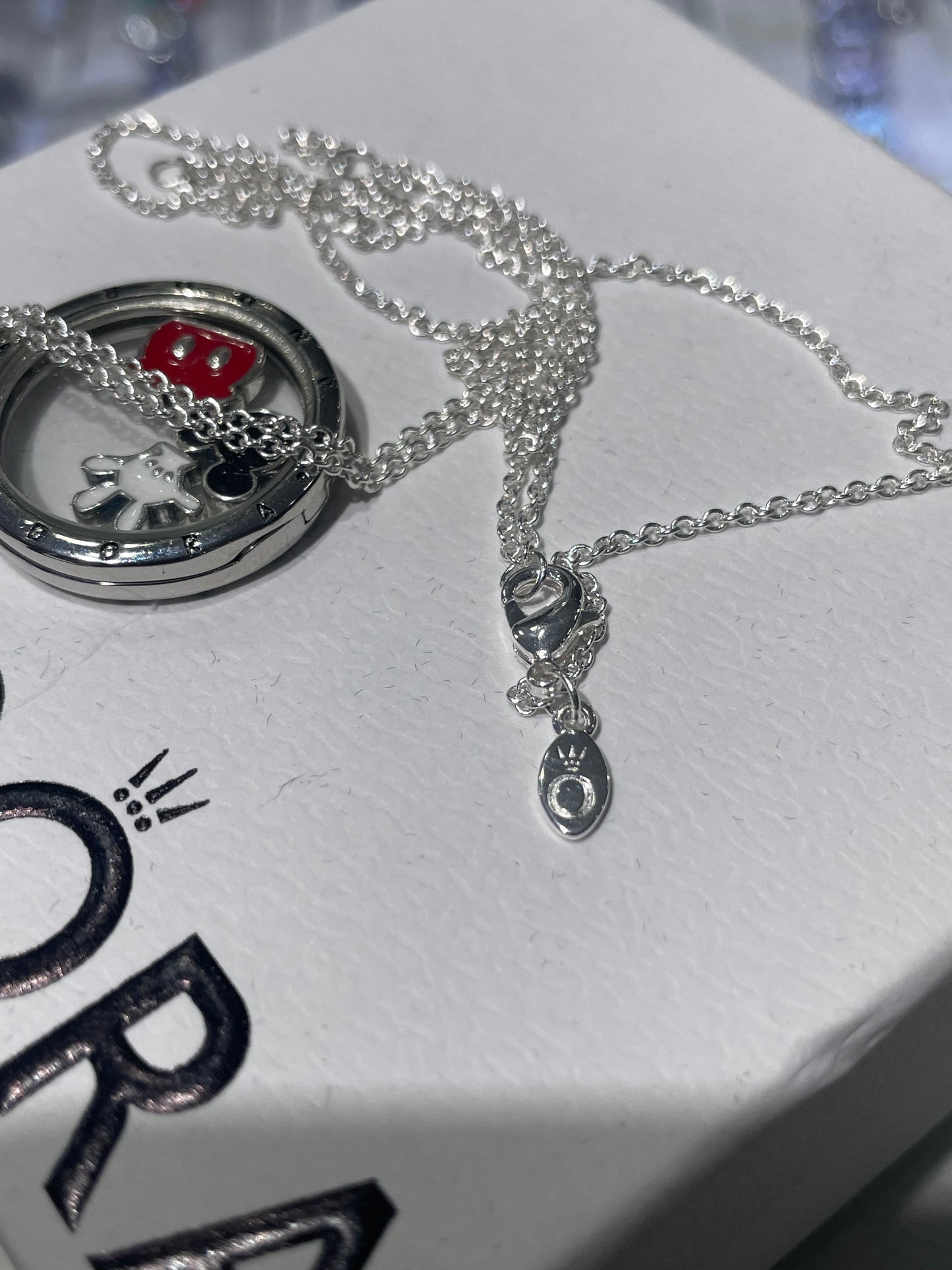 Retired Pandora Medium Locket Necklace with Mickey Mouse Disney Petite Charms