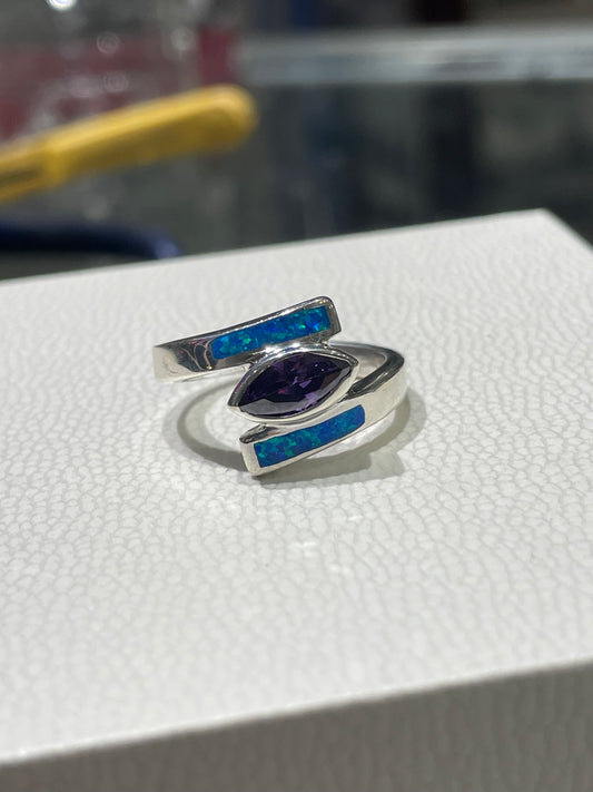 925 Sterling Silver Amethyst & Blue Opal Bypass Ring Size 7